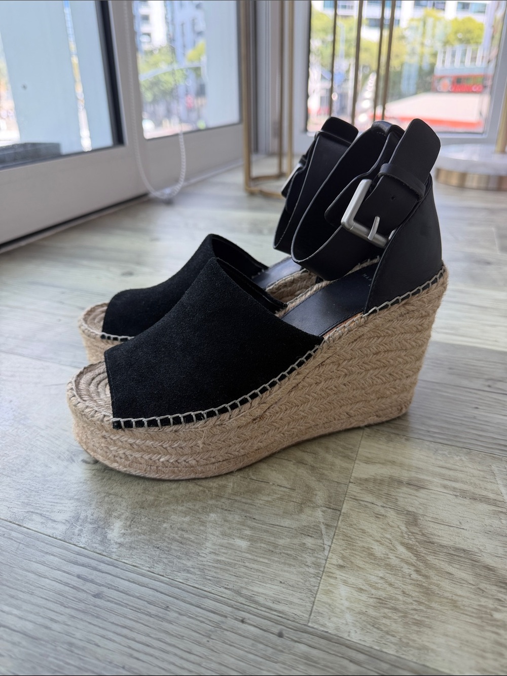Marc Fisher Black Suede Espadrille Wedge Sandals